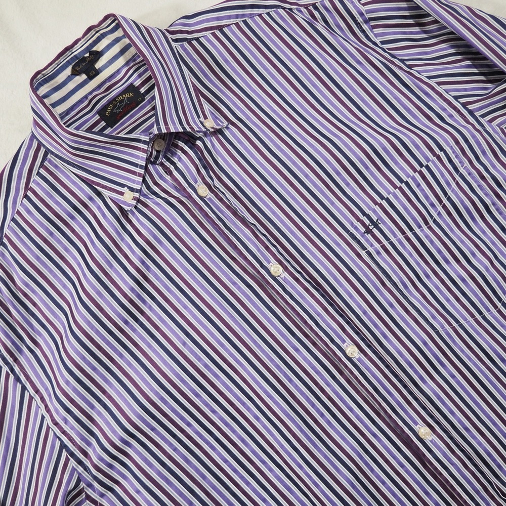 Paul & Shark Sz 43 Purple, White & Navy Striped Dress Shirt